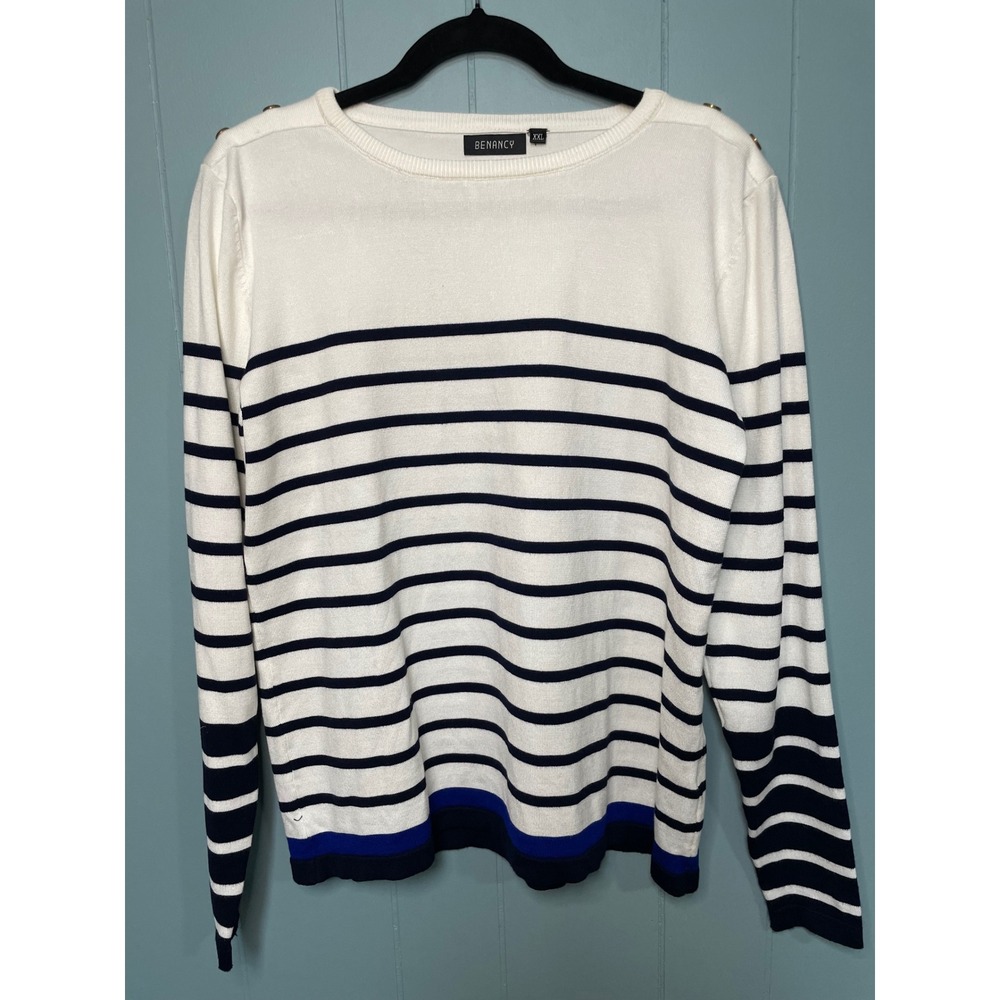Benancy Striped Sweater Womens XXL White Blue Excellent Nautical Button Shoulder